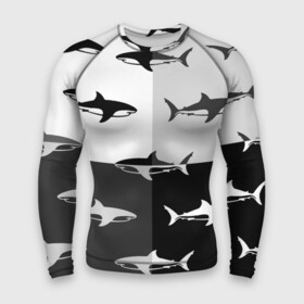 Мужской рашгард 3D с принтом Стая акул  pattern в Курске,  |  | fin | pack | pattern | shark | tail | акула | паттерн | плавник | стая | хвост