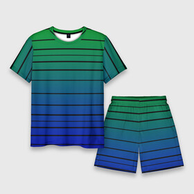 Мужской костюм с шортами 3D с принтом Черные полосы на синем, зеленом градиенте в Курске,  |  | black stripes | blue | gradient | green | horizontal | lines | minimalism | ombre | simple | striped | stripes | горизонталь | градиент | зеленый | линии | минимализм | омбре | полосатый | полосы | простой | синий | черные полосы