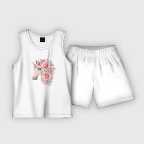 Детская пижама с шортами хлопок с принтом Белый единорог в цветах в Курске,  |  | единорог | лошадка | лошадь | пони | цветы