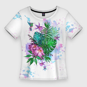 Женская футболка 3D Slim с принтом Тропический букет с колибри в Курске,  |  | акварель | акварельный | букет | колибри | лето | лист пальмы | листья | монстера | отдых | птица | птичка | райская птица | растения | тропики | тропический | цветы | экзотика | экзотические цветы