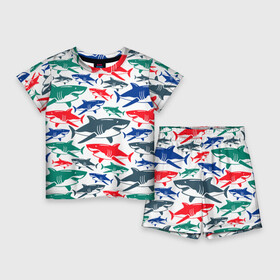Детский костюм с шортами 3D с принтом Стая разноцветных акул  паттерн в Курске,  |  | color | fin | jaw | pack | pattern | shark | summer | tail | teeth | акула | зубы | лето | пасть | паттерн | плавник | стая | хвост | цвет