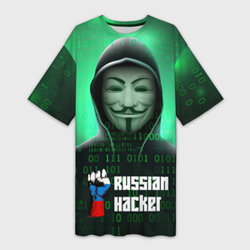 Платье-футболка 3D с принтом Russian hacker green в Курске,  |  | hack | hacker | rus | russia | welcome to russia | анонимус | герб | герб россии | из россии | патриотизм | российская федерация | россия | русский | рф | хак | хакер