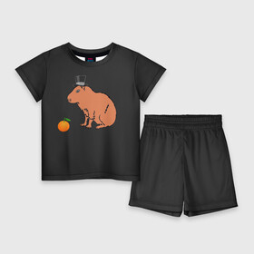 Детский костюм с шортами 3D с принтом Капибара в цилиндре в Курске,  |  | capybara | апельсин около капибары | капибара в шляпе | капибара мем | капибара с апельсином | морская свинка | покерфейс капибара | цилиндр