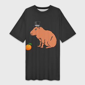 Платье-футболка 3D с принтом Капибара в цилиндре в Курске,  |  | Тематика изображения на принте: capybara | апельсин около капибары | капибара в шляпе | капибара мем | капибара с апельсином | морская свинка | покерфейс капибара | цилиндр