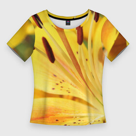 Женская футболка 3D Slim с принтом Оранжево желтая лилия в Курске,  |  | дача | желтый | красота | лепесток | лето | лилия | огород | опыление | оранжевый | пестик | природа | растение | сад | тычинка | участок | фазенда | цветение | цветовод | цветоводство | цветок | цветы
