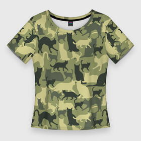 Женская футболка 3D Slim с принтом Кошачий камуфляж в зеленой гамме в Курске,  |  | Тематика изображения на принте: camouflage | камуфляж | коты | маскировка | паттерн