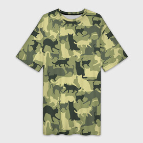 Платье-футболка 3D с принтом Кошачий камуфляж в зеленой гамме в Курске,  |  | camouflage | камуфляж | коты | маскировка | паттерн