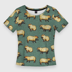 Женская футболка 3D Slim с принтом Капибары на траве в Курске,  |  | Тематика изображения на принте: capybara | водосвинка | животные | капибара