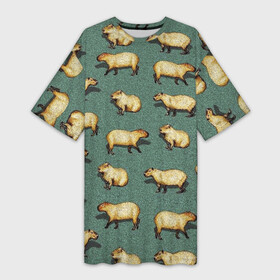Платье-футболка 3D с принтом Капибары на траве в Курске,  |  | Тематика изображения на принте: capybara | водосвинка | животные | капибара