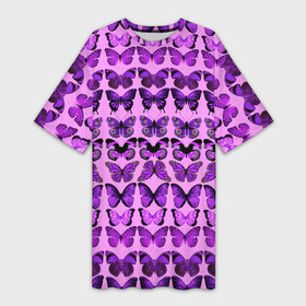 Платье-футболка 3D с принтом Purple butterflies в Курске,  |  | Тематика изображения на принте: background | beautiful | colorful | insect | pattern | wings | бабочки | красивый | красочные | крылья | насекомое | узор | фиолетовый | фон