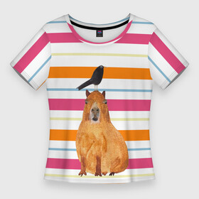 Женская футболка 3D Slim с принтом Капибара с птичкой в Курске,  |  | capybara | водосвинка | животное | капибара | птица