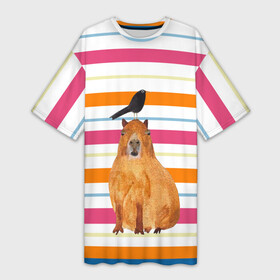 Платье-футболка 3D с принтом Капибара с птичкой в Курске,  |  | capybara | водосвинка | животное | капибара | птица