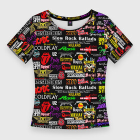 Женская футболка 3D Slim с принтом Best rock ballads в Курске,  |  | ac dc | black sabbath | bon jovi | deep purple | guns n roses | iron maiden | kiss | led zeppelin | nirvana | pink floyd | queen | rolling stones | slayer | the beatles | u2