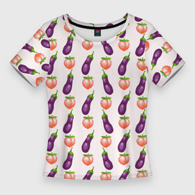Женская футболка 3D Slim с принтом Баклажаны и персики паттерн в Курске,  |  | баклажан | баклажаны | веганство | еда | овощи | паттерн | персик | персики | фрукты