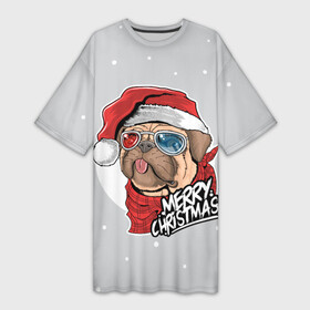 Платье-футболка 3D с принтом Новогодний Мопс в очках в Курске,  |  | мопс | новый год | праздники | рождество | собаки