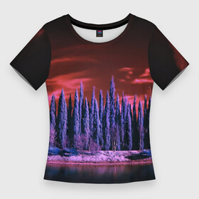 Женская футболка 3D Slim с принтом Абстрактный фиолетовый лес и тёмная река в Курске,  |  | abstraction | art | artwork | colorful | colors | dark | darkness | forest | graphics | patterns | river | surrealism | sweethuman | sweethumen | абстракция | арт | графика | искусство | лес | разноцветный | река | сюрреализм | темнота | тьма | узоры | цв