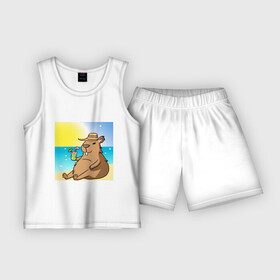 Детская пижама с шортами хлопок с принтом Капибара на пляже в Курске,  |  | Тематика изображения на принте: капибара | лето | отдых | пляж