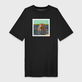 Платье-футболка хлопок с принтом Капибара и мандарины в Курске,  |  | capybara | kapibara | животное | капибара