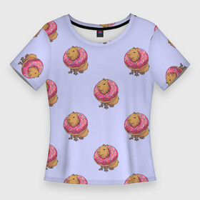 Женская футболка 3D Slim с принтом Капибара в пончике паттерн в Курске,  |  | Тематика изображения на принте: capybara | kapibara | животное | капибара | пончик | пончики