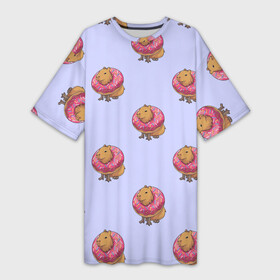 Платье-футболка 3D с принтом Капибара в пончике паттерн в Курске,  |  | capybara | kapibara | животное | капибара | пончик | пончики