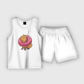 Детская пижама с шортами хлопок с принтом Капибара и пончик в Курске,  |  | capybara | kapibara | животное | капибара