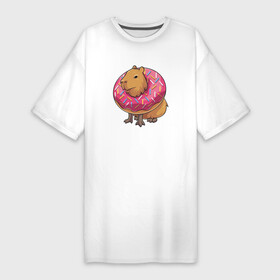 Платье-футболка хлопок с принтом Капибара и пончик в Курске,  |  | capybara | kapibara | животное | капибара