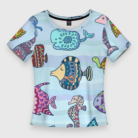 Женская футболка 3D Slim с принтом Кит, черепаха, акула и другие обитатели океана в Курске,  |  | fish | jellyfish | seahorse | shark | shell | turtle | whale | акула | кит | медуза | морской конёк | ракушка | рыба | черепаха