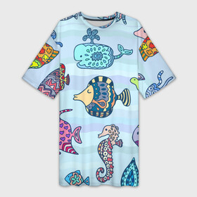 Платье-футболка 3D с принтом Кит, черепаха, акула и другие обитатели океана в Курске,  |  | Тематика изображения на принте: fish | jellyfish | seahorse | shark | shell | turtle | whale | акула | кит | медуза | морской конёк | ракушка | рыба | черепаха