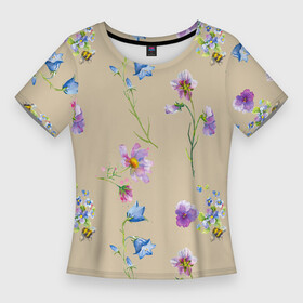 Женская футболка 3D Slim с принтом Нарисованные Цветы Колокольчики и Пчёлы в Курске,  |  | flowers | summer | букет | лето | насекомые | природа | пчела | пчёлы | растение | сад | садоводство | флора | цветы