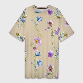 Платье-футболка 3D с принтом Нарисованные Цветы Колокольчики и Пчёлы в Курске,  |  | flowers | summer | букет | лето | насекомые | природа | пчела | пчёлы | растение | сад | садоводство | флора | цветы