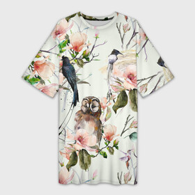 Платье-футболка 3D с принтом Цветы Нарисованные Магнолии и Птицы в Курске,  |  | Тематика изображения на принте: flowers | summer | букет | лето | магнолии | нарисованные | природа | птицы | растение | сад | садоводство | сова | совы | флора | цветы