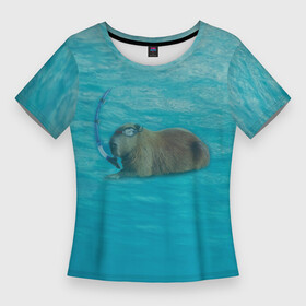 Женская футболка 3D Slim с принтом Подводный капибару в Курске,  |  | capybara | водосвинка | грызун | грызуны | капибара | капибары | под водой | подводный капибару