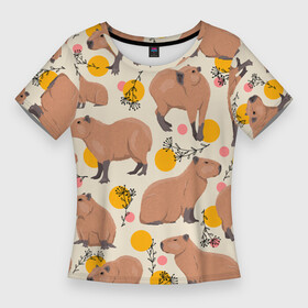 Женская футболка 3D Slim с принтом Милая капибару паттерн в Курске,  |  | Тематика изображения на принте: capybara | patern | pattern | водосвинка | грызун | грызуны | капибара | капибары | патерн | паттерн
