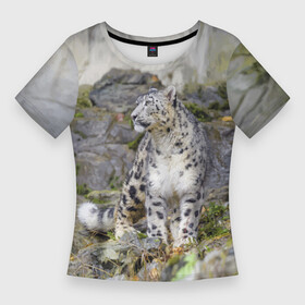 Женская футболка 3D Slim с принтом Снежный барс среди скал в Курске,  |  | mountains | muzzle | nature | paws | rocks | snow leopard | tail | барс | горы | камни | лапы | природа | скалы | хвост