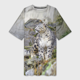 Платье-футболка 3D с принтом Снежный барс среди скал в Курске,  |  | mountains | muzzle | nature | paws | rocks | snow leopard | tail | барс | горы | камни | лапы | природа | скалы | хвост