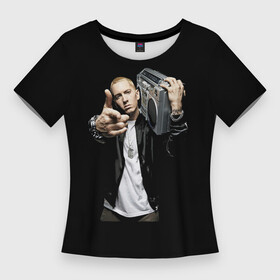 Женская футболка 3D Slim с принтом Eminem rap hip hop в Курске,  |  | rapper | stereo system | tape recorder | магнитофон | рэп | рэппер | стереосистема | хип хоп | эминем