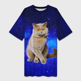Платье-футболка 3D с принтом Британский кот на фоне звёздного неба в Курске,  |  | british | cat | cats | kitty | британская | британские | британский | кот | котёнок | котик | котята | кошечка | кошка