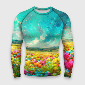 Мужской рашгард 3D с принтом Бесконечное поле цветов в Курске,  |  | bright | clouds | colorful | field | flowers | funny | joyful | mountains | multicoloured | nature | positive | sky | stars | summer | sun | бутоны | веселый | горы | звезды | красочные | лето | небо | облака | позитив | поле | природа | радостный | разно