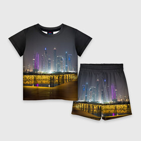 Детский костюм с шортами 3D с принтом Неоновый ночной город и мост в Курске,  |  | bridge | city | dark | darkness | lights | neon | night | street | sweethuman | sweethumen | город | мост | неон | ночь | огни | темнота | тьма | улица