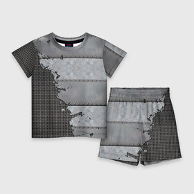 Детский костюм с шортами 3D с принтом Броня на сетке в Курске,  |  | armor | iron | metal | metal mesh | rivets | броня | железо | заклепки | клепки | металл | металлическая сетка