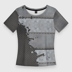 Женская футболка 3D Slim с принтом Броня на сетке в Курске,  |  | armor | iron | metal | metal mesh | rivets | броня | железо | заклепки | клепки | металл | металлическая сетка