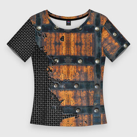 Женская футболка 3D Slim с принтом Металлическая клепаная обшивка в Курске,  |  | iron | metal | metal mesh | metal sheathing | riveted wood | rivets | железо | заклепки | клепаная древесина | клепки | металл | металлическая обшивка | металлическая сетка