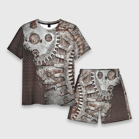 Мужской костюм с шортами 3D с принтом Ржавые шестеренки на сетке в Курске,  |  | armor | iron | metal | metal mesh | rust | rusty gears | броня | железо | металл | металлическая сетка | ржавчина | ржавые шестеренки