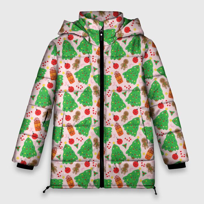 Женская зимняя куртка Oversize Новогодние ёлки и подарки фото